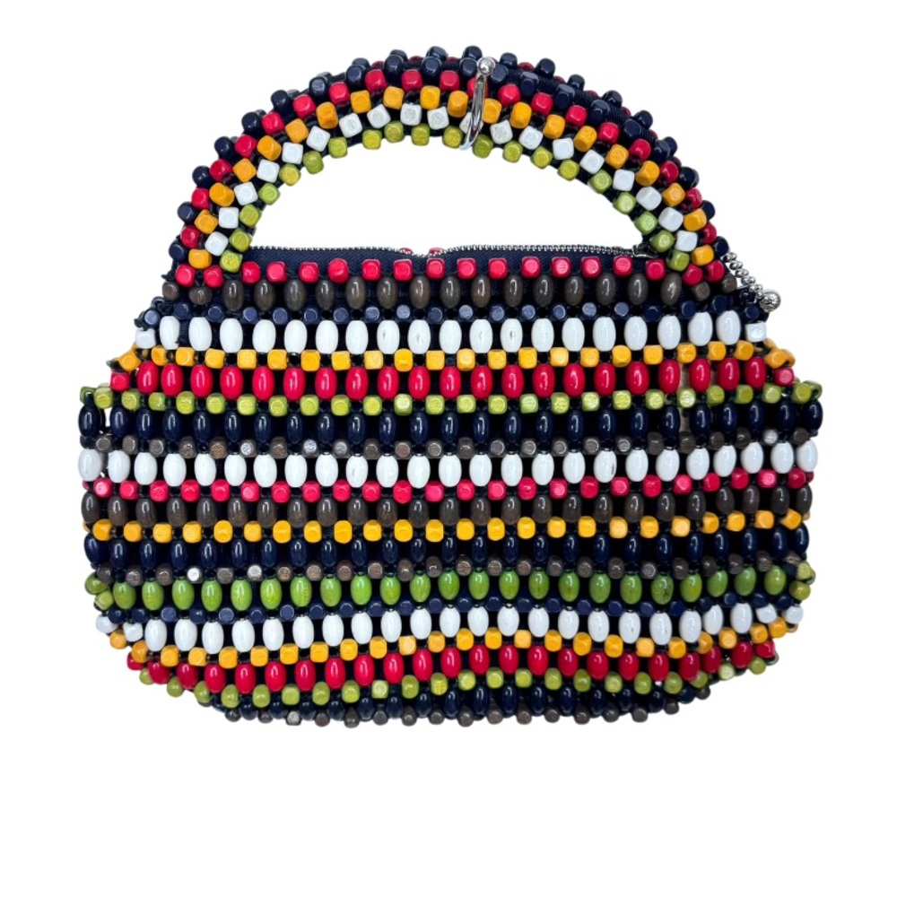 Vintage Suzanne Brand Wood Beaded Striped Mini Handbag Made In Czechoslovakia
